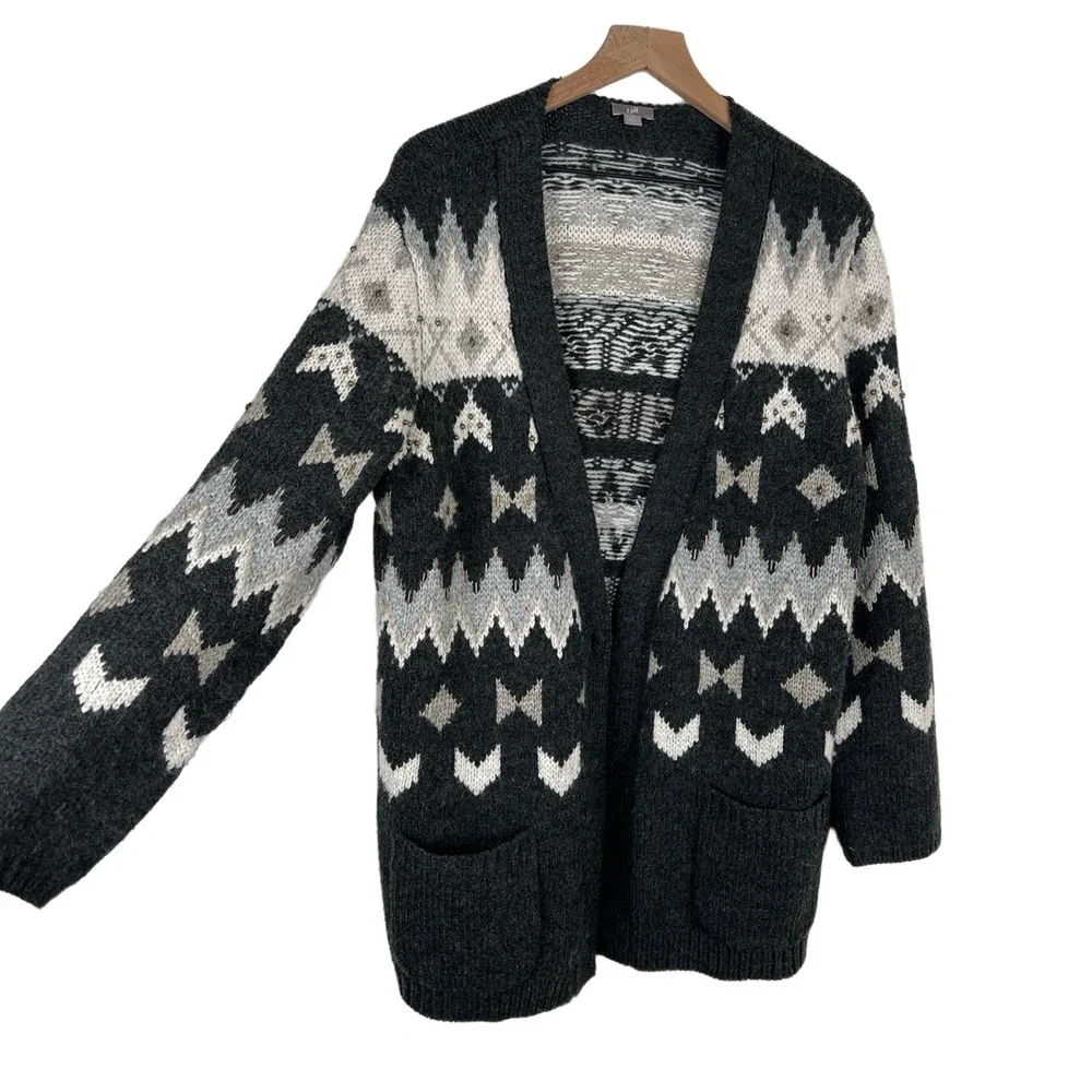 J.Jill Womens Cardigan Size‎ L Gray Fair Isle Beaded Pockets Scandi Coastal Wool